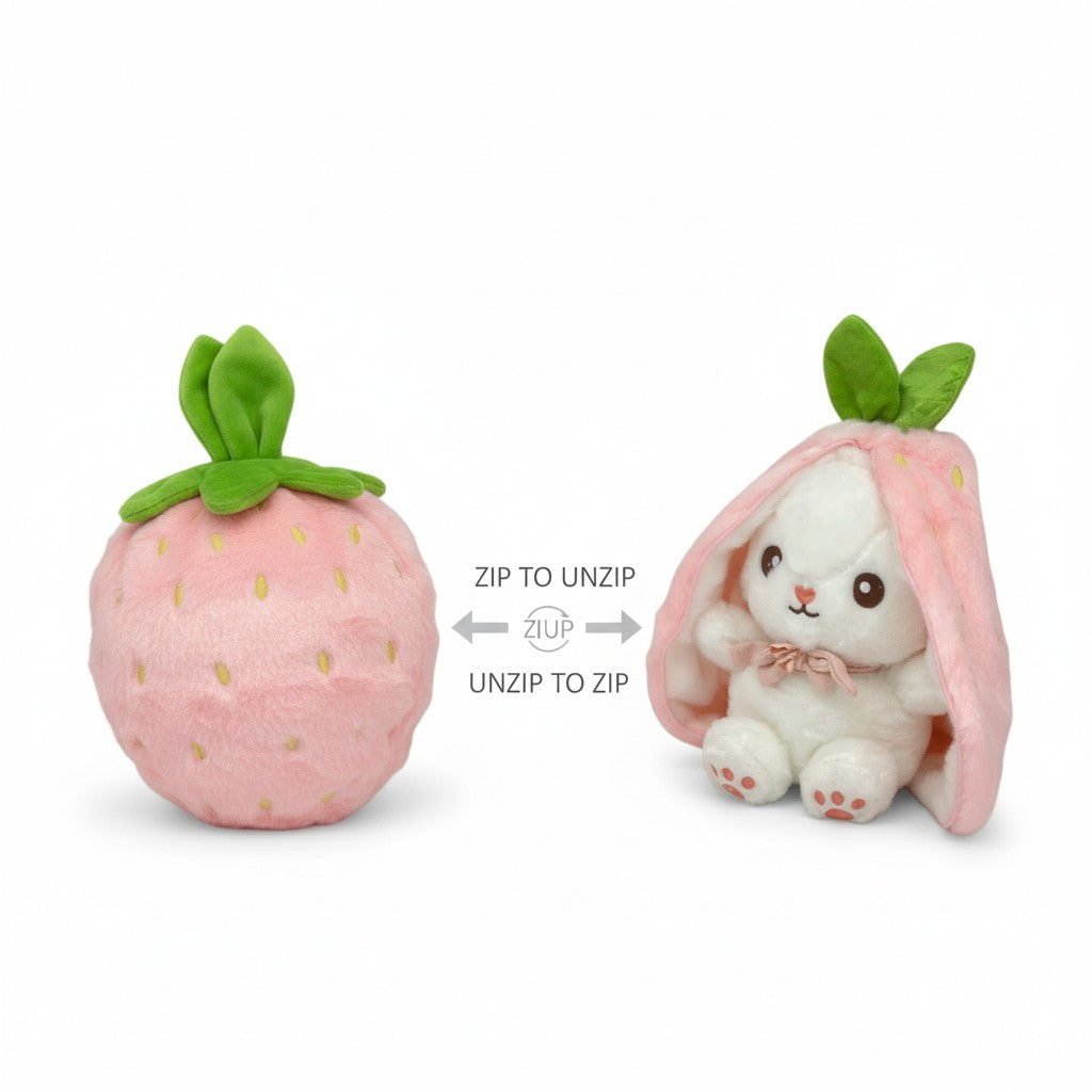 Reversible Strawberry Bunny Plush Toy Soft Polyester Kids Easter Basket Stuffer Gift Birthday Surprise for Girls and Boys