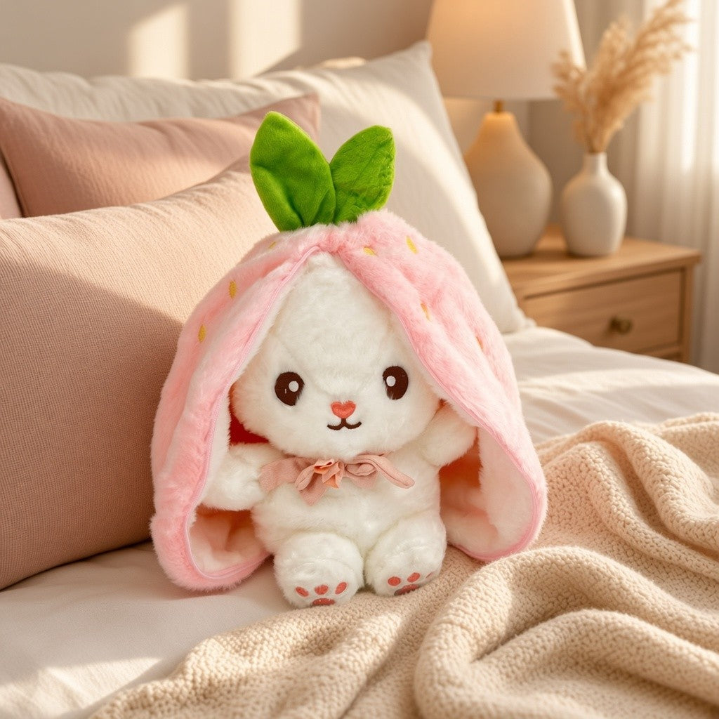 Reversible Strawberry Bunny Plush Toy Soft Polyester Kids Easter Basket Stuffer Gift Birthday Surprise for Girls and Boys