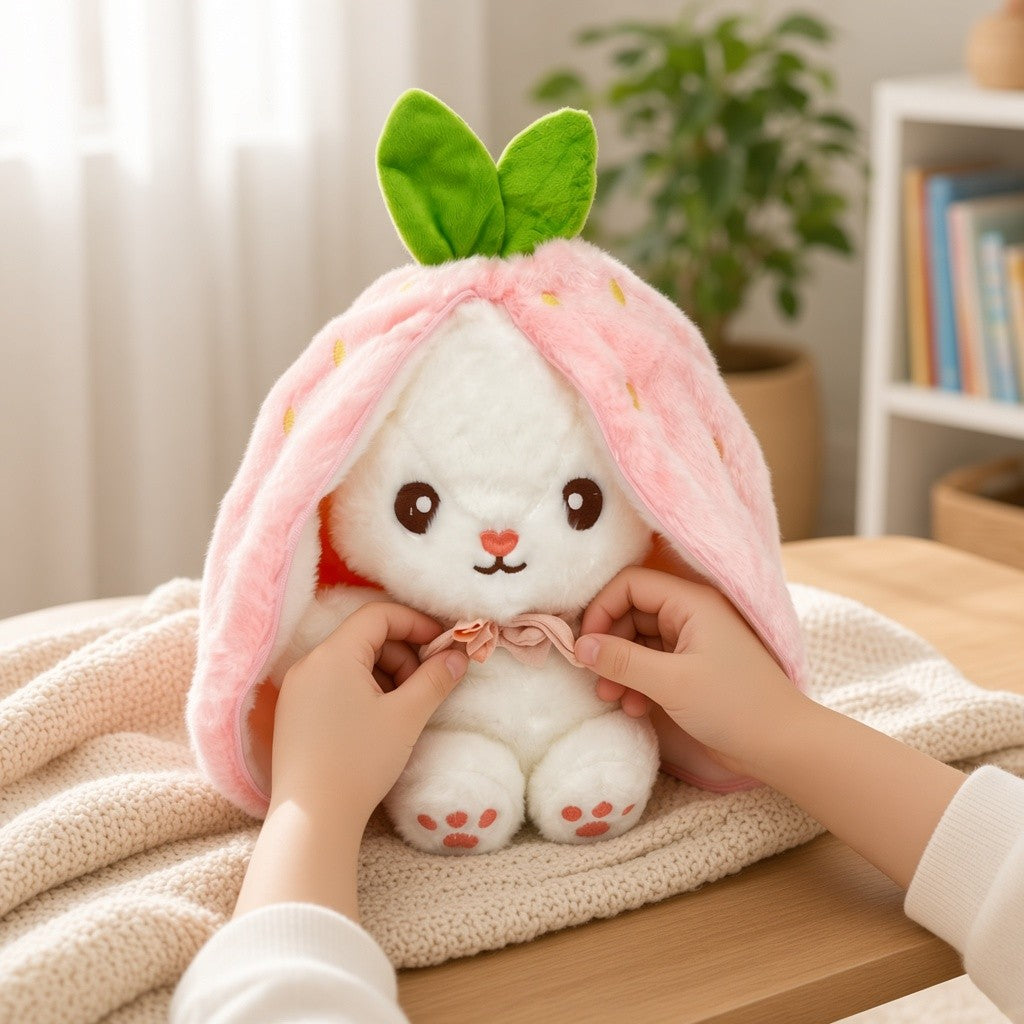 Reversible Strawberry Bunny Plush Toy Soft Polyester Kids Easter Basket Stuffer Gift Birthday Surprise for Girls and Boys
